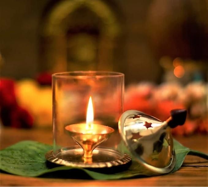 Brass Akhand Diya with Borosilicate Glass for Puja Home Temple Oil Lamp Tea Holder